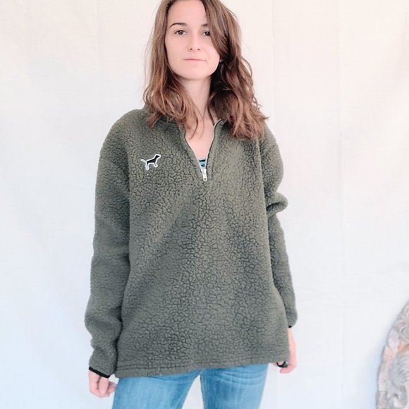 Victoria's Secret PINK Dark Green Fluffy Boyfriend Quarter Zip Pullover Sweater - Picture 2 of 10